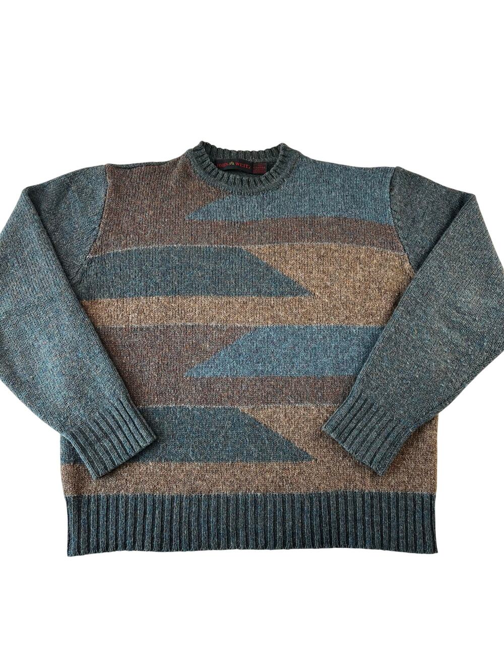 John Weitz Vintage Wool Sweater Heather Blue Brown Men's size L-XL Geometric